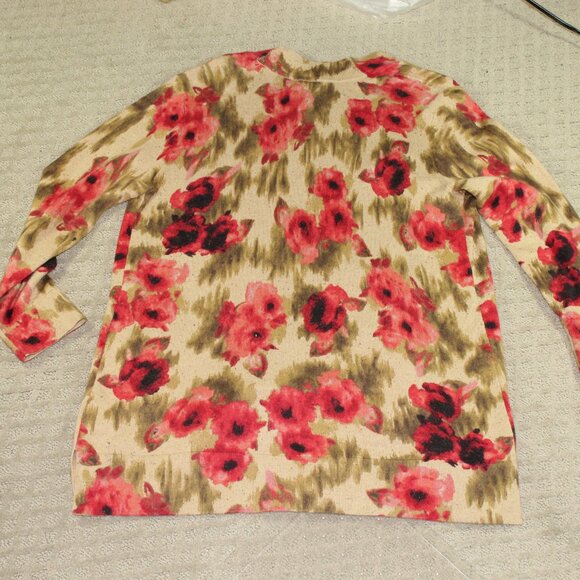 J Jill Women's Small Tan with Poppies Long Cardigan - Picture 2 of 5